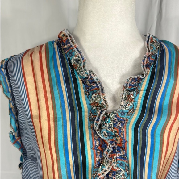 JOHNNY WAS STRIPED RUFFLE BLOUSE BLUE ORANGE S - Picture 4 of 8